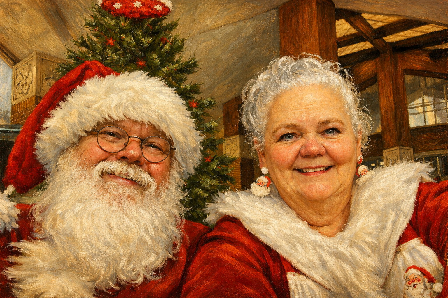Homer Claus and Ms. Claus smiling together in warm Santa attire beside a Christmas tree